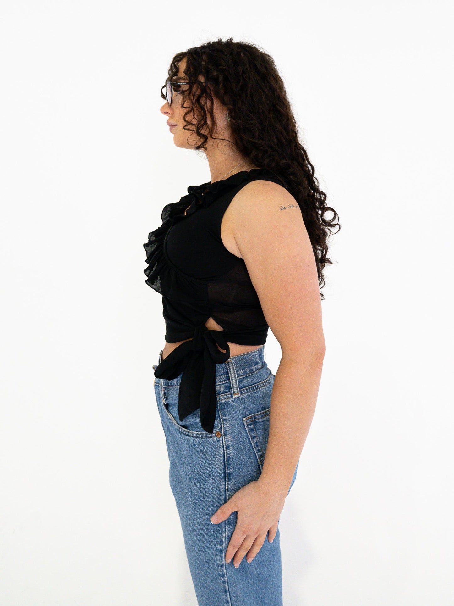 Vintage 00's Black Frill Side Tie Tank - S - Playground Vintage