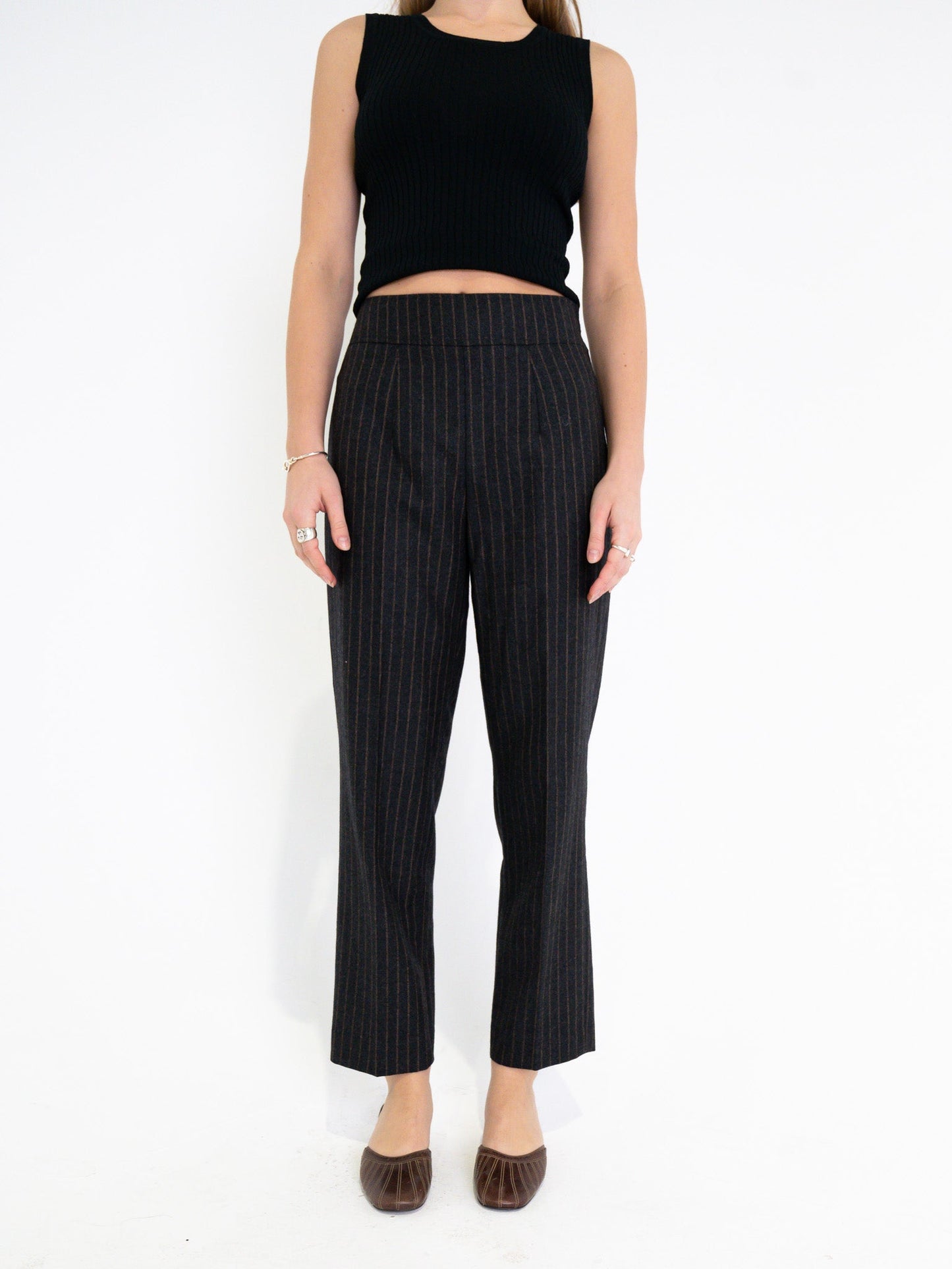 Vintage 00's Black Wool Pinstripe Pants - S - Playground Vintage