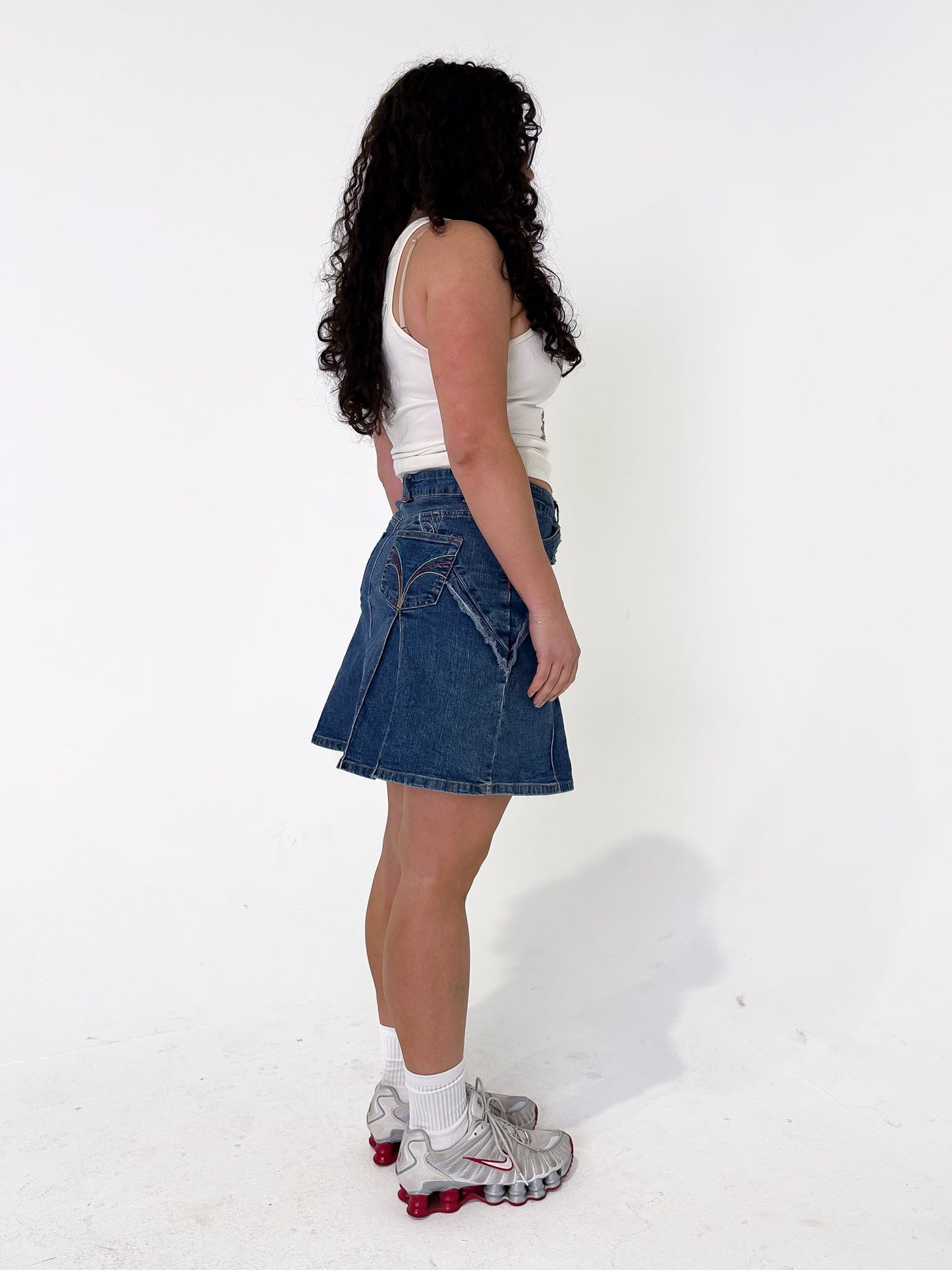 Vintage 00's Denim Pleat Mini Skirt - M - Playground Vintage