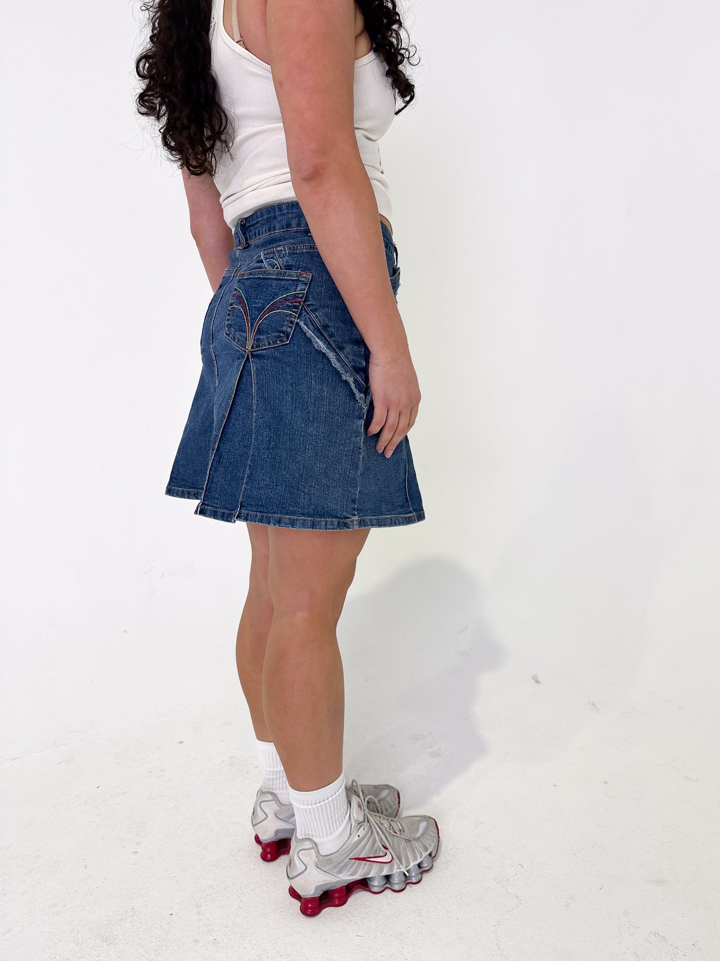 Vintage 00's Denim Pleat Mini Skirt - M - Playground Vintage