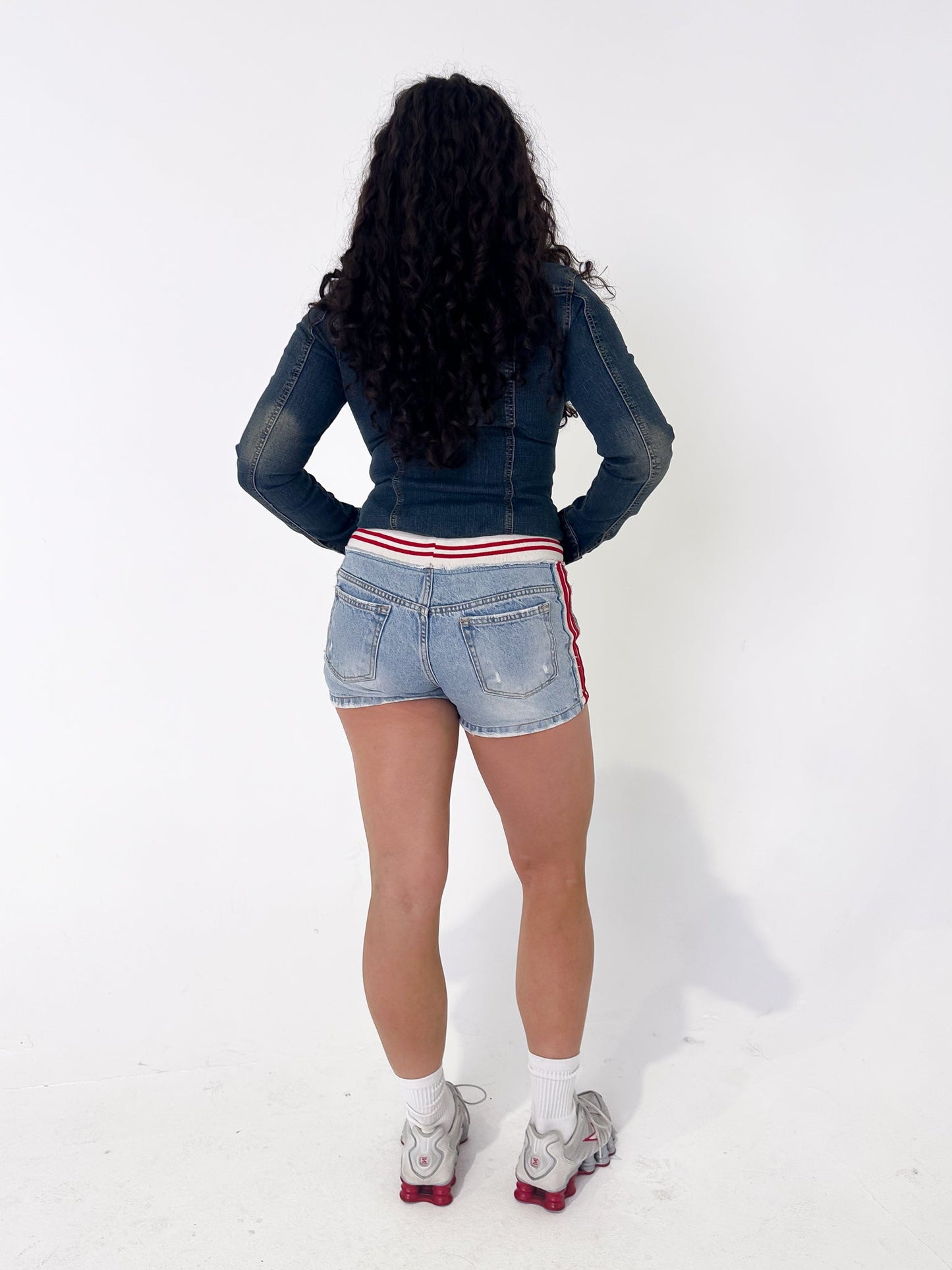Vintage 00's Denim Red Stripe Drawstring Shorts - M - Playground Vintage