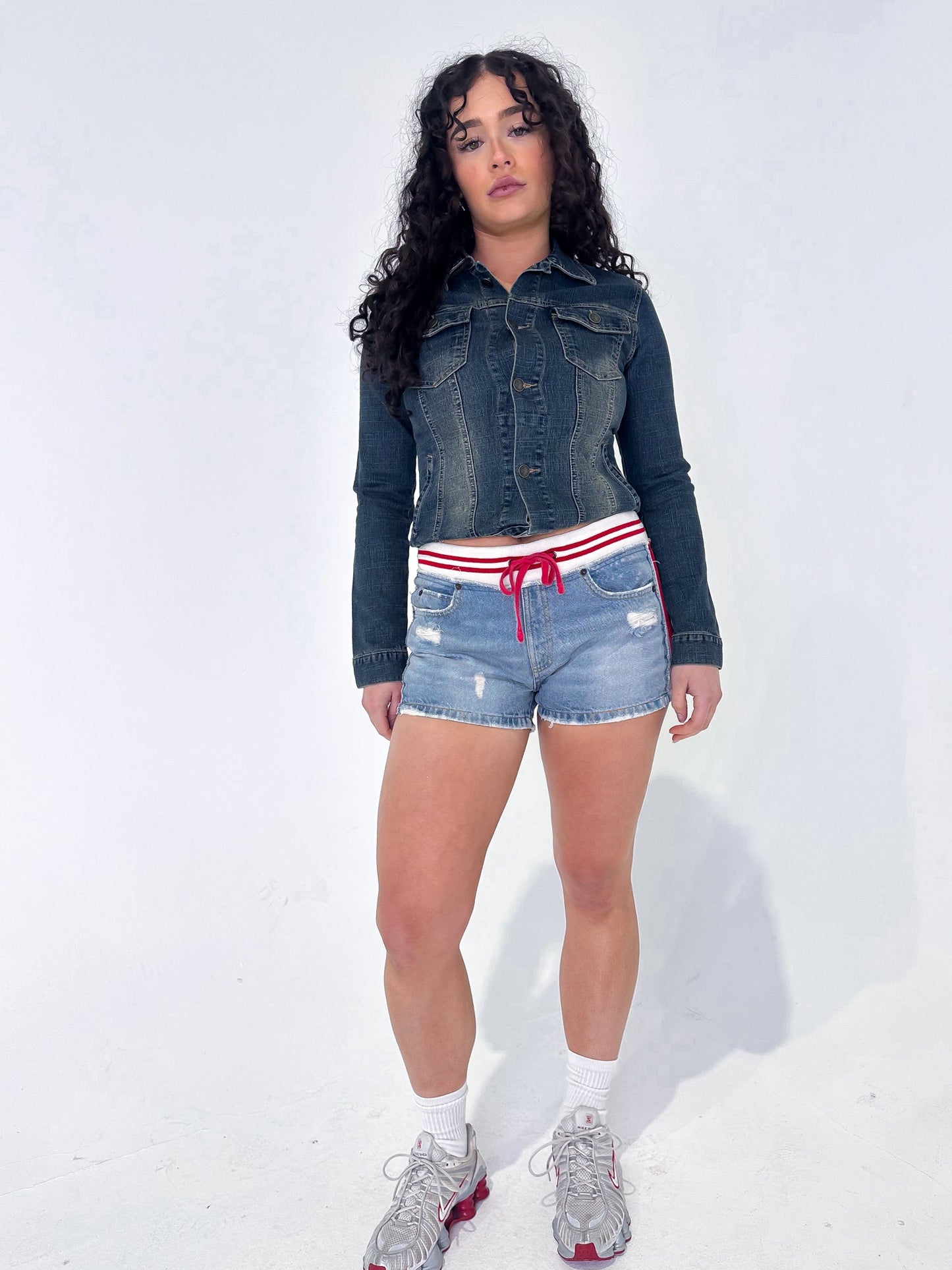 Vintage 00's Denim Red Stripe Drawstring Shorts - M - Playground Vintage