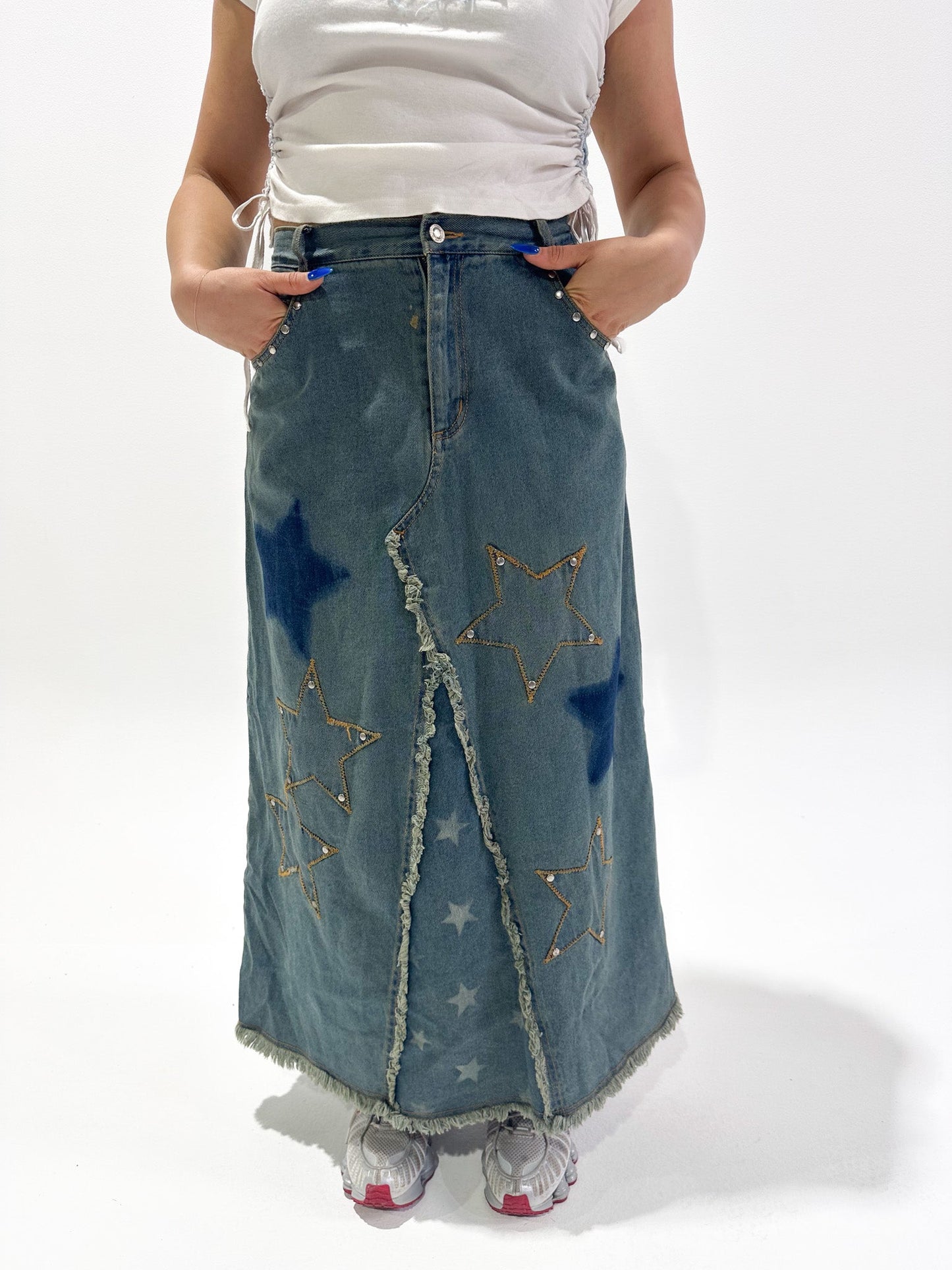 Vintage 00's Star Design Denim Maxi Skirt - M - Playground Vintage