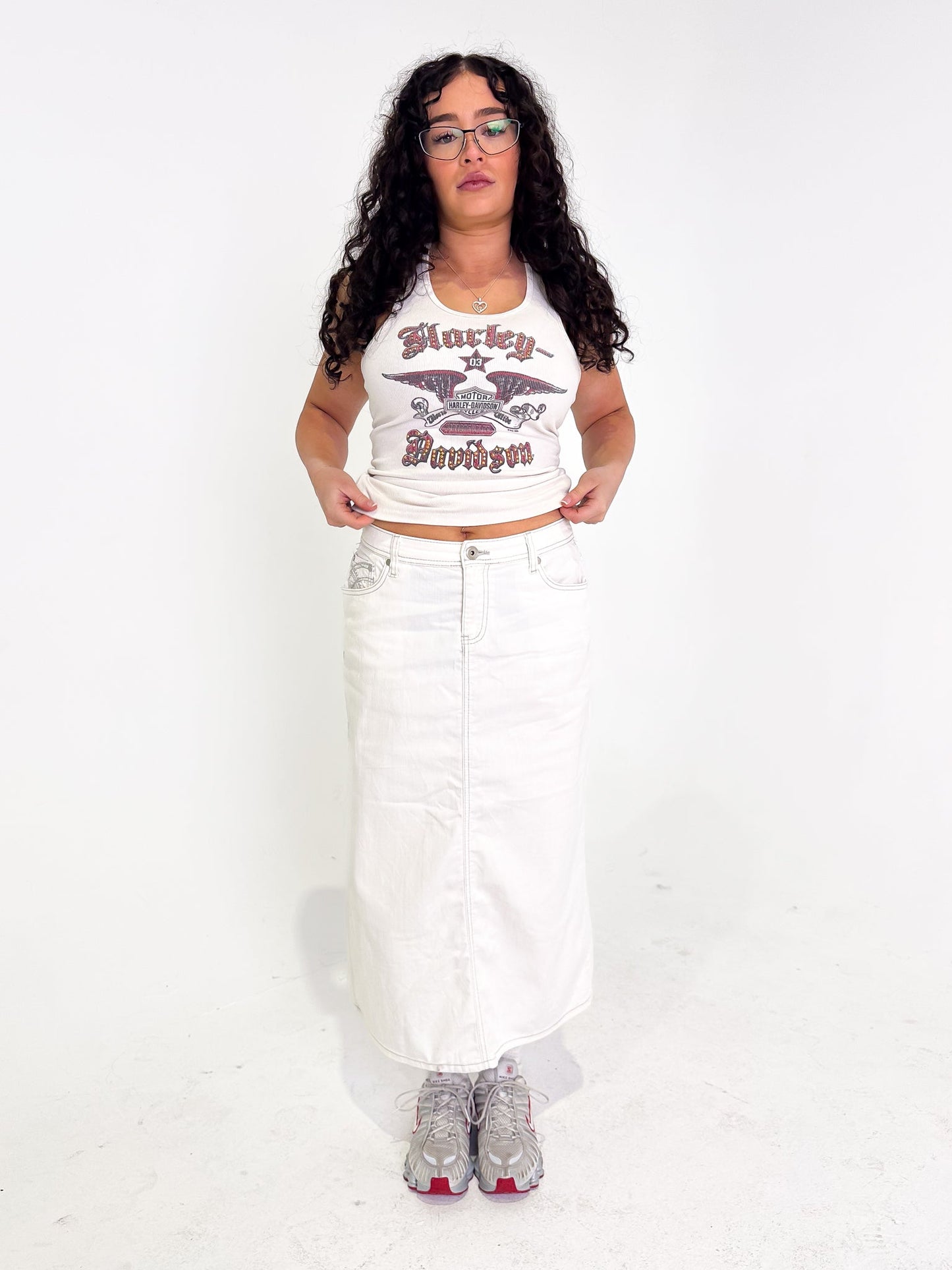 Vintage 00's White Denim Maxi Skirt - L - Playground Vintage