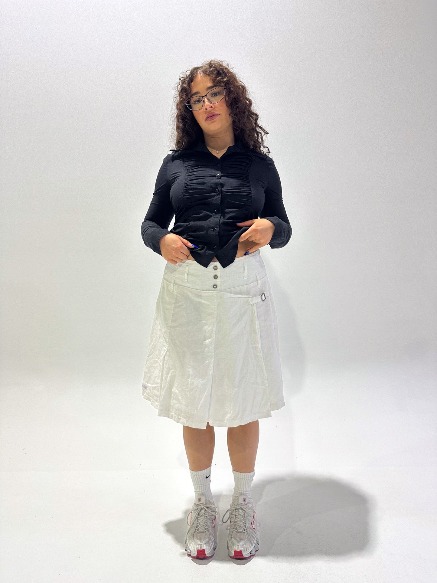 Vintage 00's White Linen Midi Skirt - L - Playground Vintage