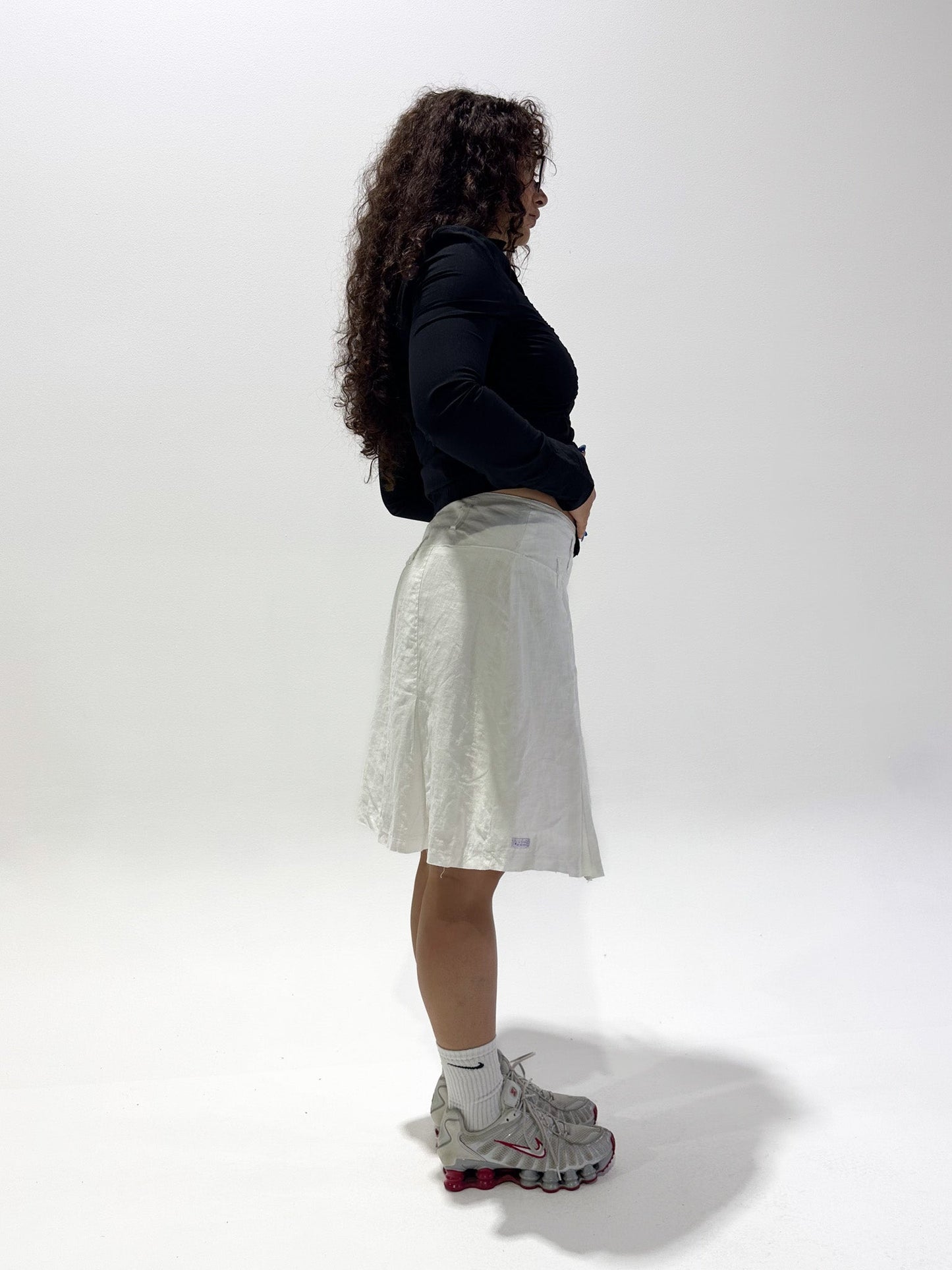 Vintage 00's White Linen Midi Skirt - L - Playground Vintage