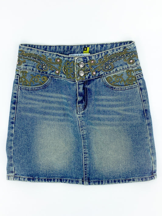 Vintage Embroidered Denim Mini Skirt - M