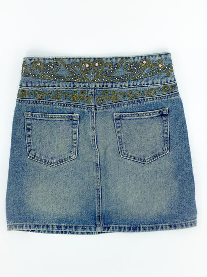 Vintage Embroidered Denim Mini Skirt - M