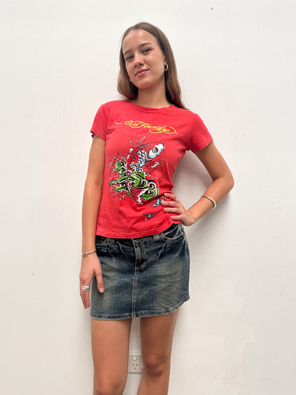 Vintage 00's Ed Hardy Red Baby Tee - M
