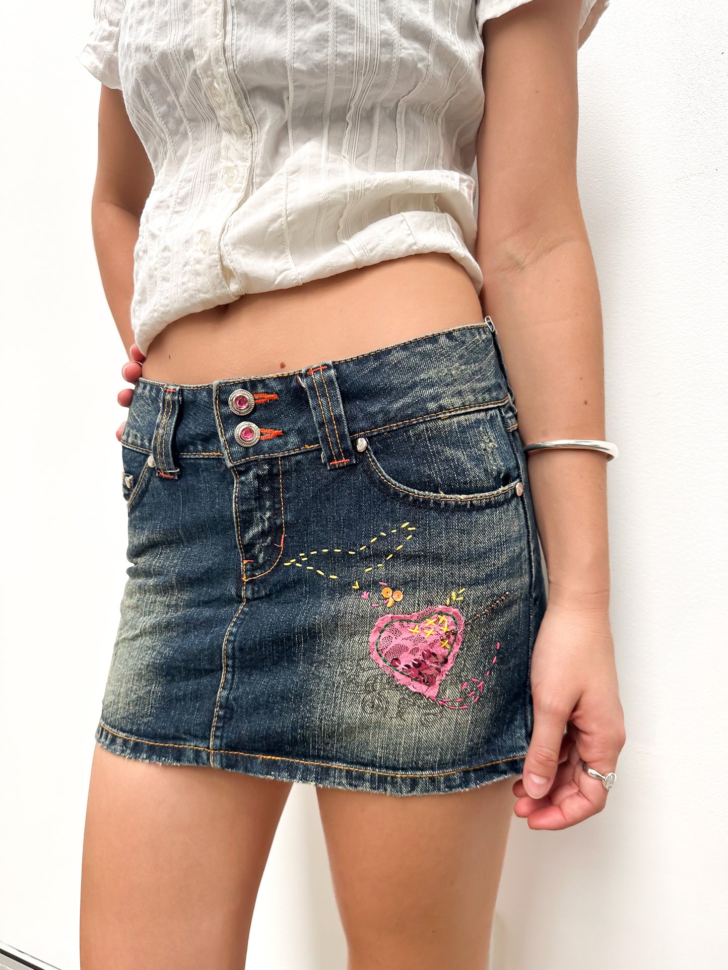 Vintage 00's Embroidered Heart Denim Mini Skirt - S