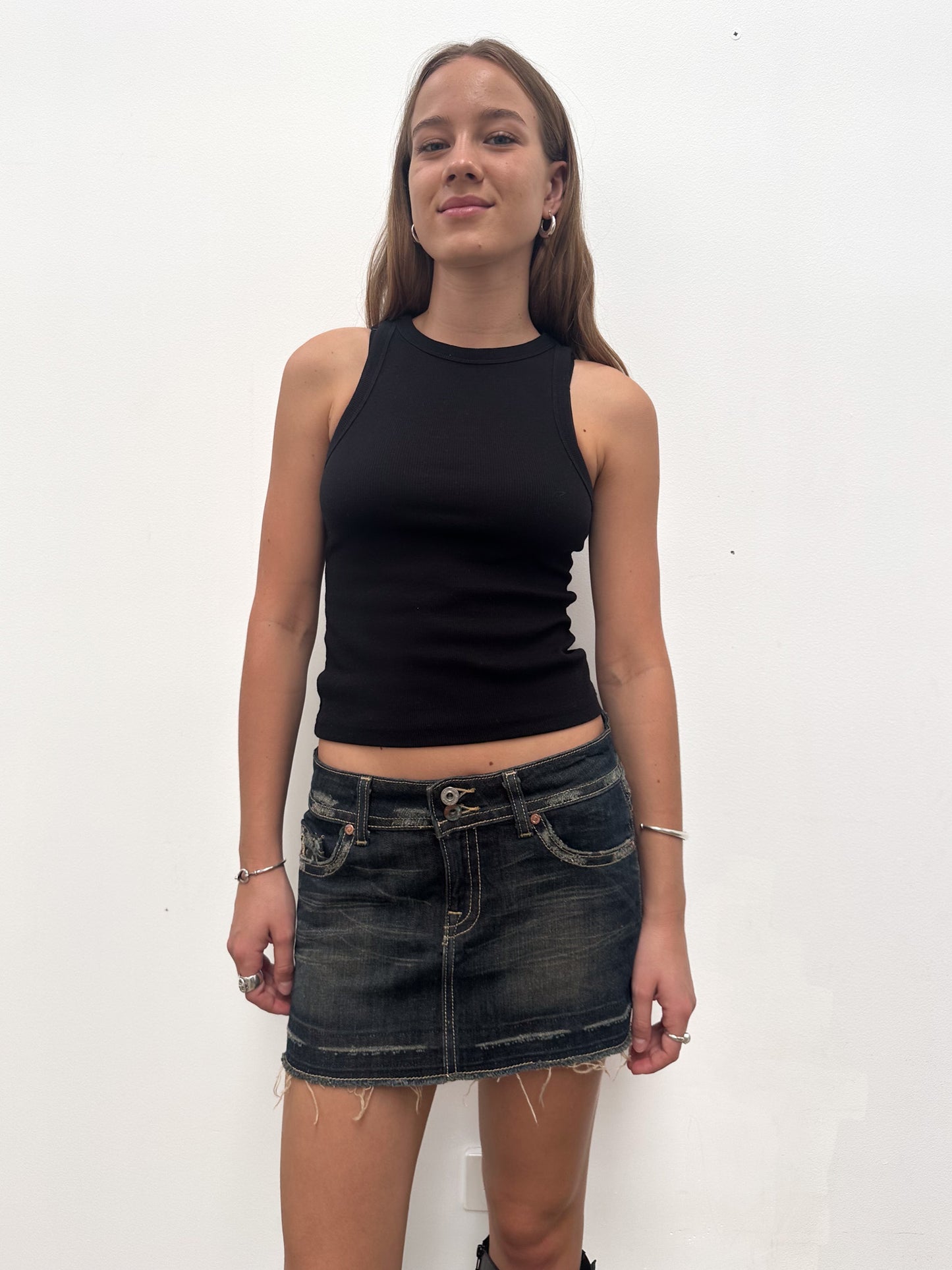 Vintage 00's Dark Denim Bejewelled Mini Skirt   - S
