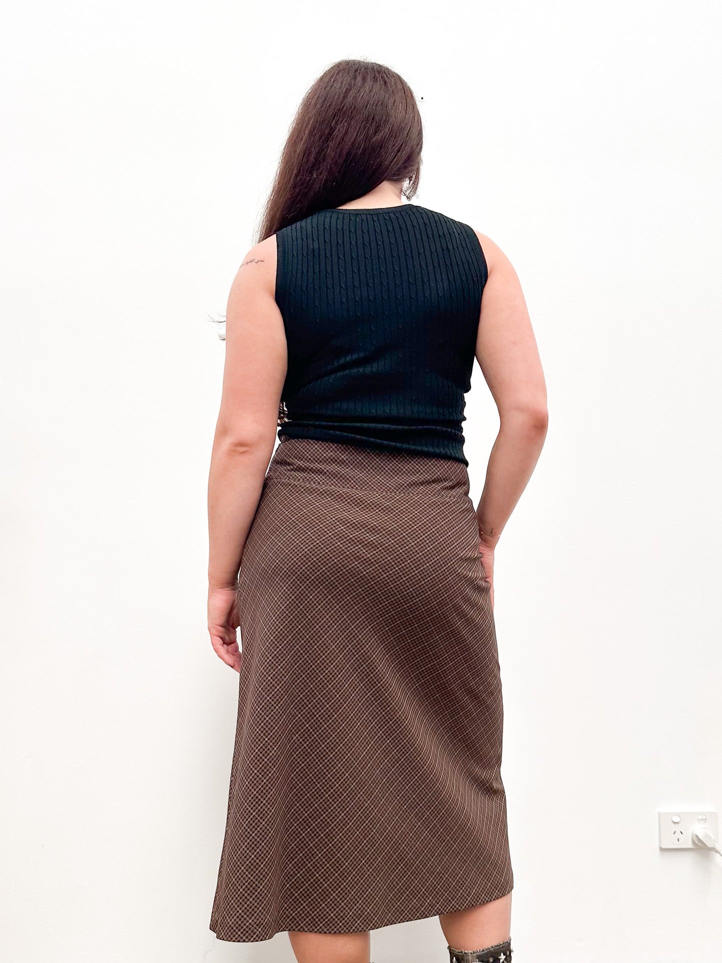 Vintage Brown Checkered Midi Skirt - M