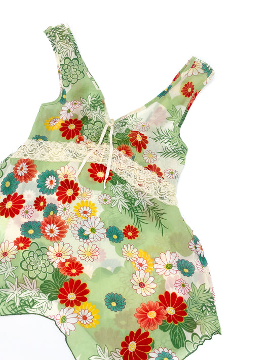 Vintage 00's Green Floral  Sleeveless Top - S