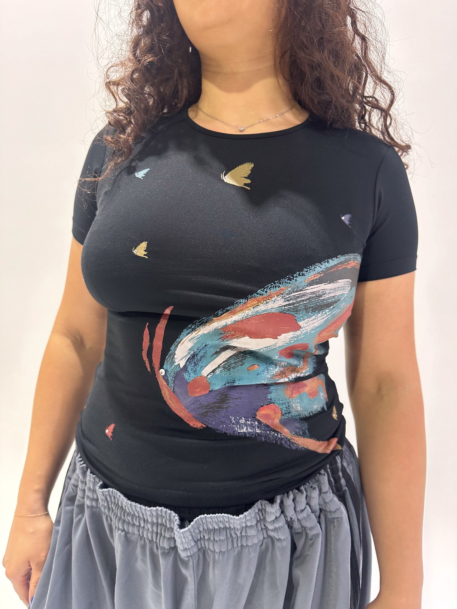 Vintage 00's Black Butterfly Top - M - Playground Vintage