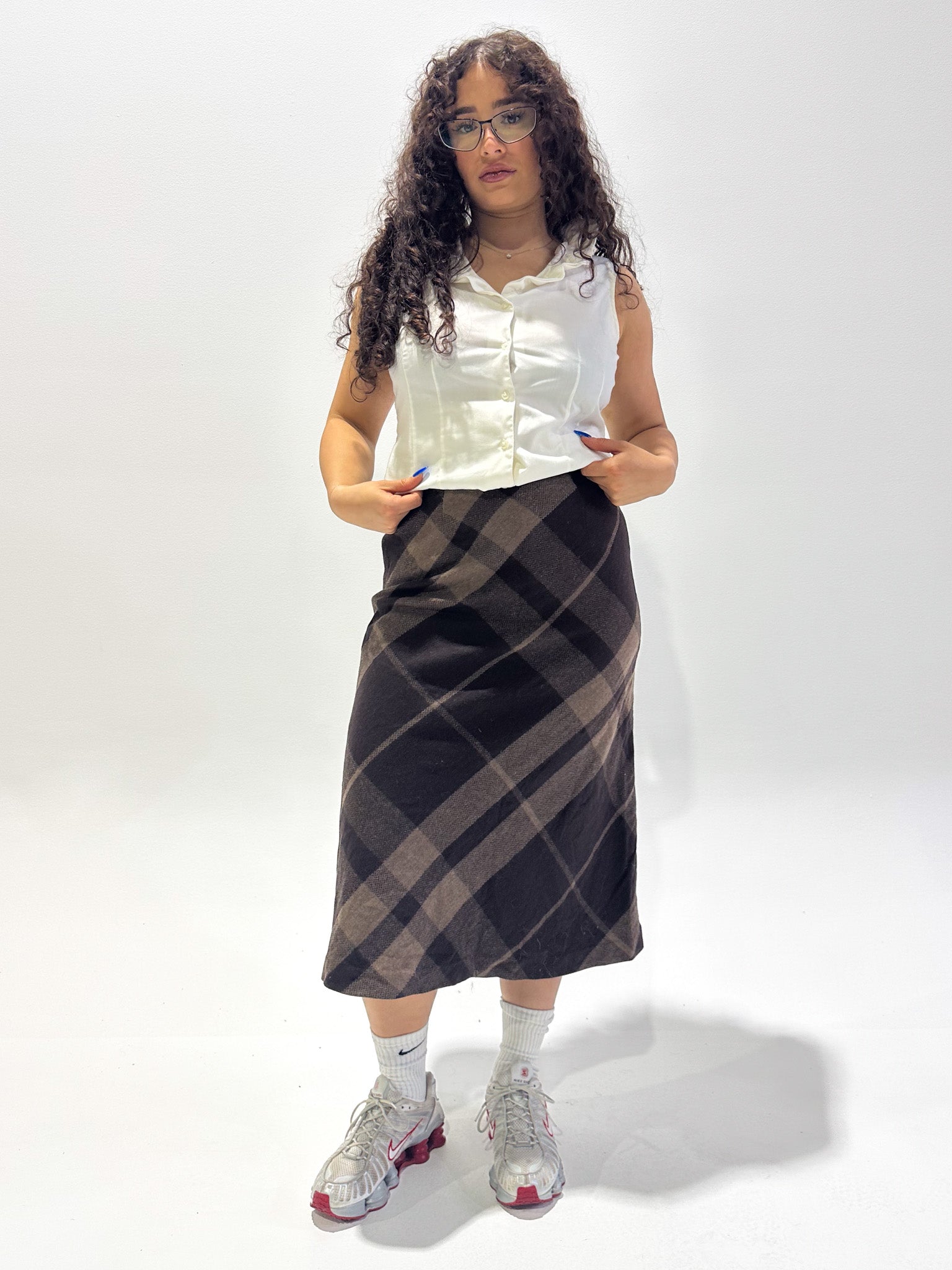 Vintage 00's Brown Plaid Wool Maxi Skirt - S - Playground Vintage