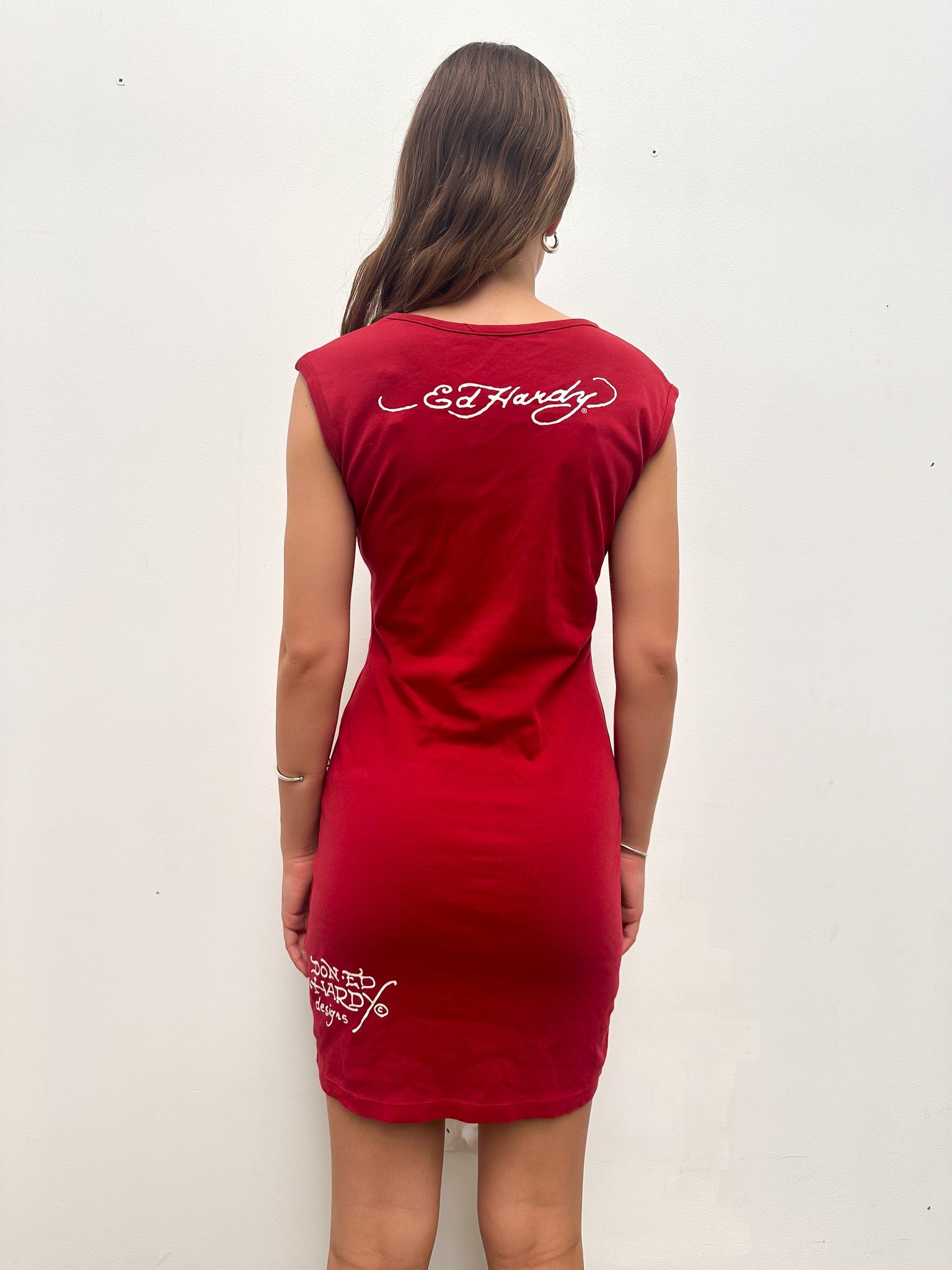 red ed hardy dress Sleeveless Ribbed Crew Neck, Ed Hardy Cobra Tank Dress in Red, Size XL, For Streetwear