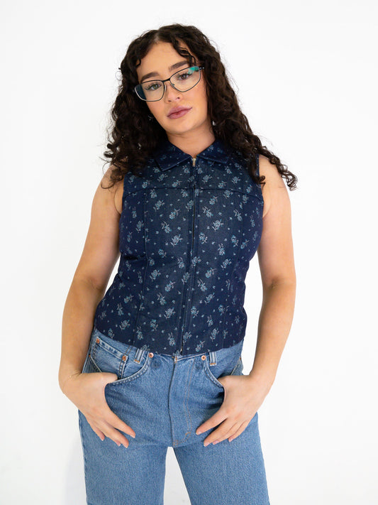 Vintage 00's Floral Blue Vest - M - Playground Vintage