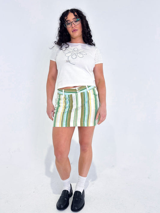 Vintage 00's Green Striped Mini Skirt - M - Playground Vintage