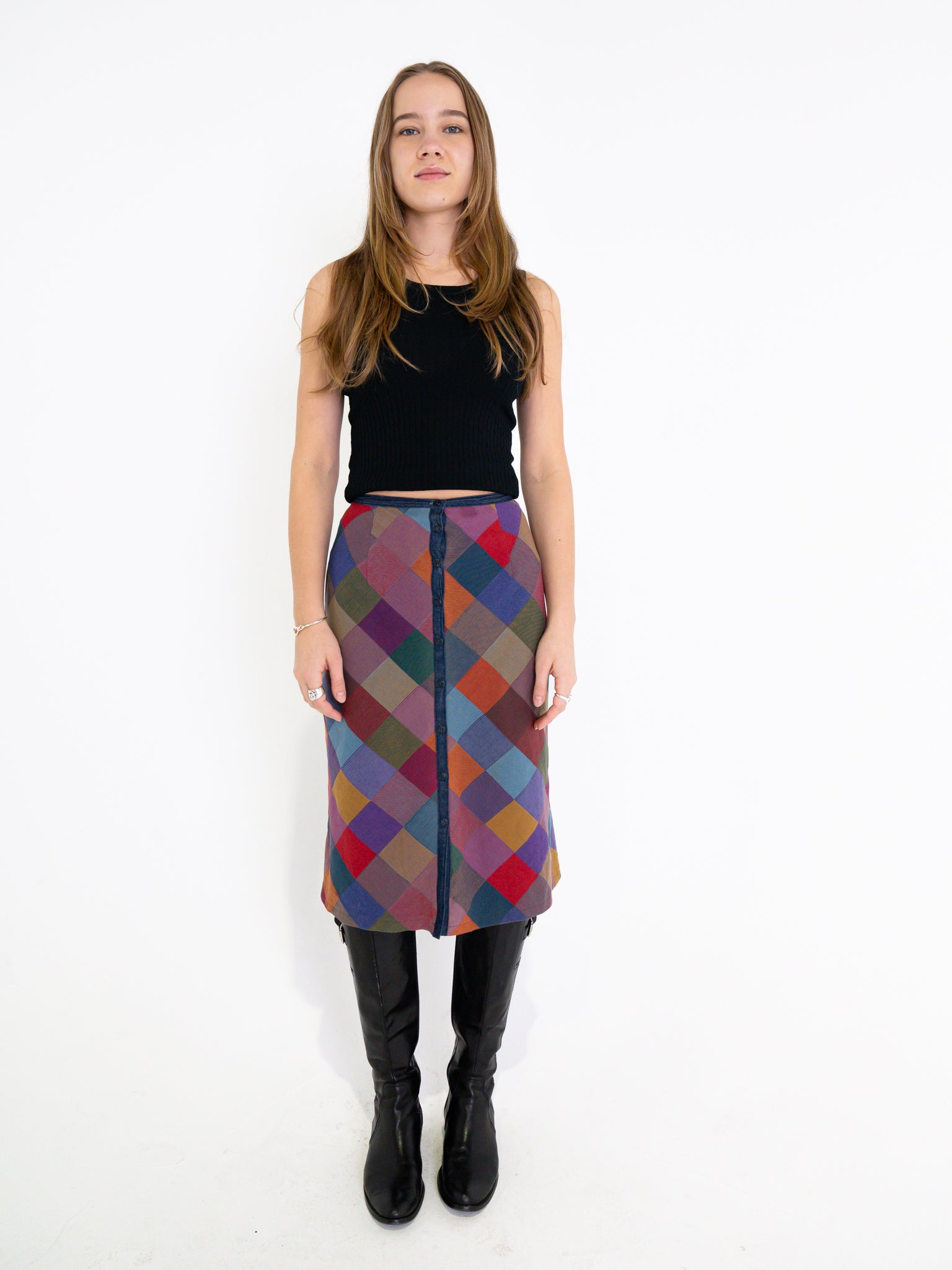 Vintage 00's Multicolour Checkered Midi Skirt - S - Playground Vintage