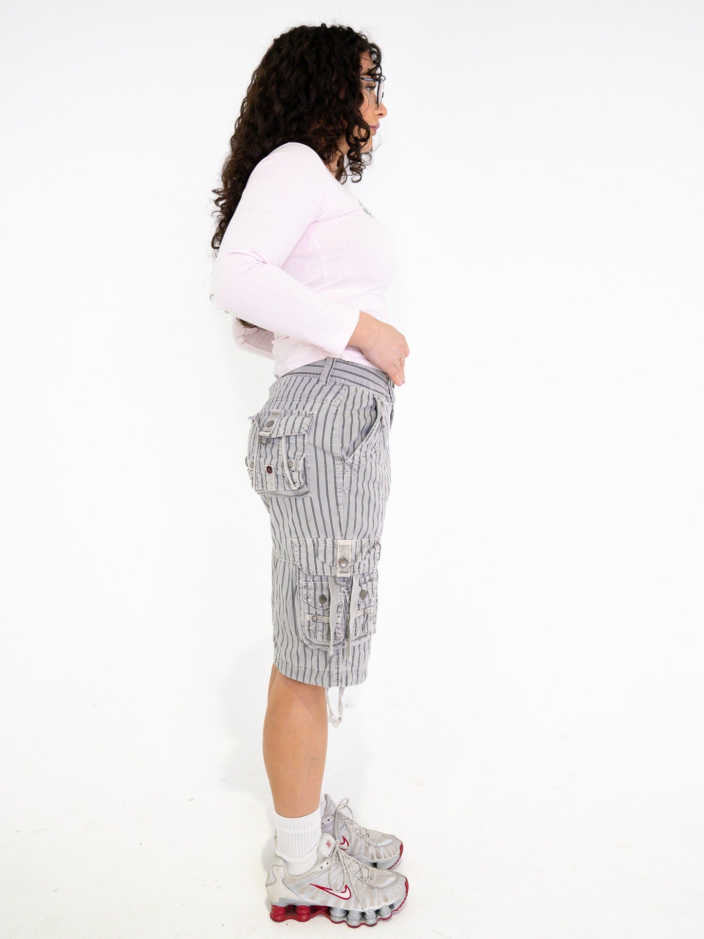 Vintage 00's Striped Grey Cargo Shorts - M - Playground Vintage