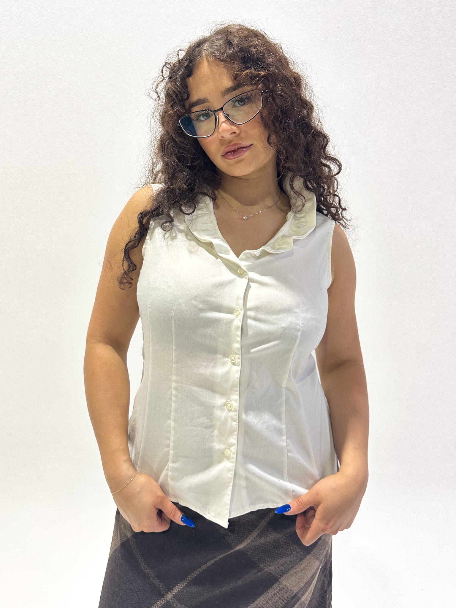 Vintage 00's White Frill Tank Button Up Blouse - M - Playground Vintage