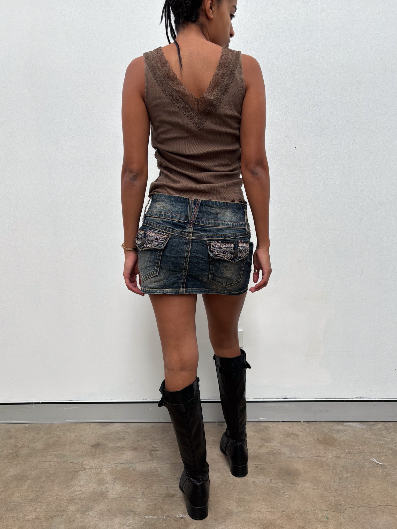 Vintage 00's Wing Design Denim Mini Skirt - S - Playground Vintage