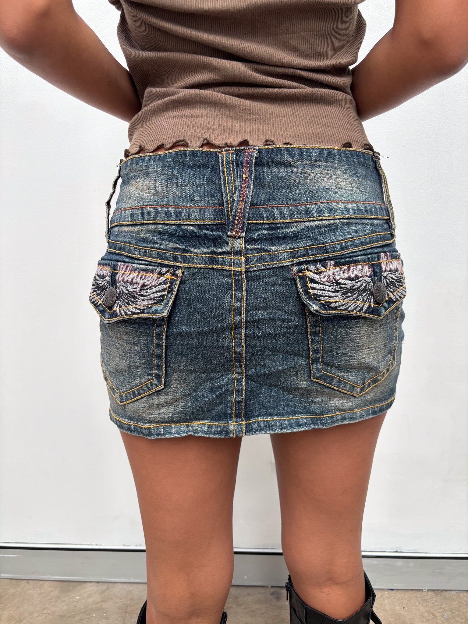 Vintage 00's Wing Design Denim Mini Skirt - S - Playground Vintage